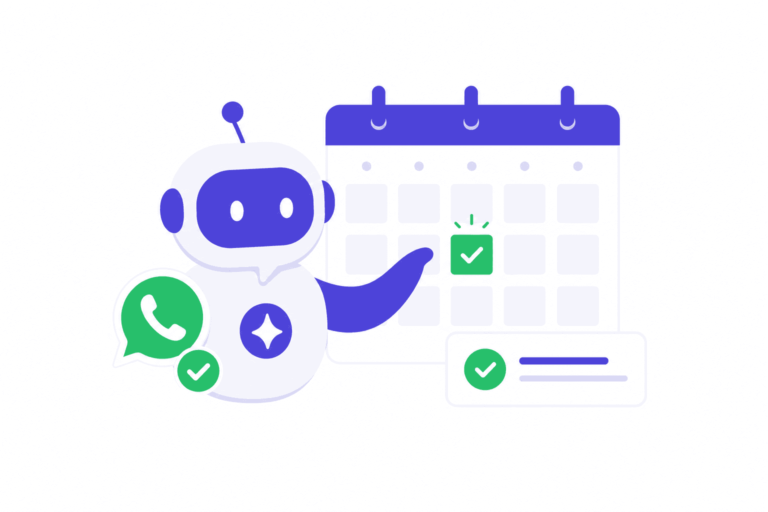 Illustration of a friendly AI assistant confirming a booking on WhatsApp